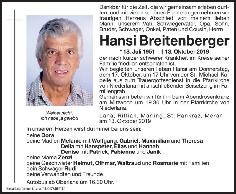  Traueranzeige für Hansi Breitenberger vom 15.10.2019 aus Dolomiten