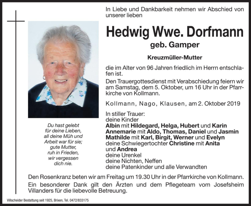  Traueranzeige für Hedwig Dorfmann vom 04.10.2019 aus Dolomiten
