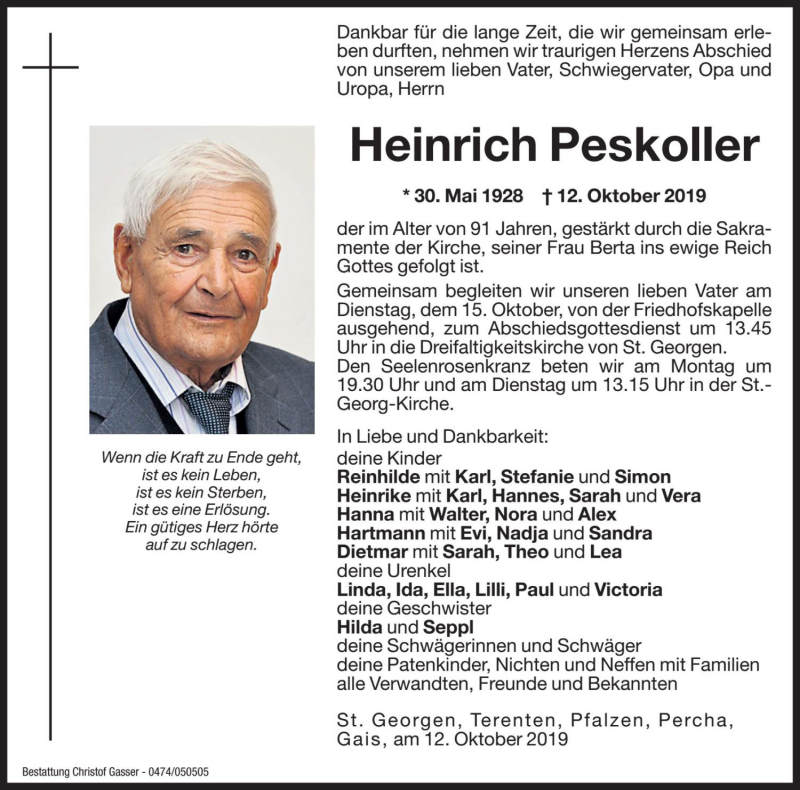  Traueranzeige für Heinrich Peskoller vom 14.10.2019 aus Dolomiten