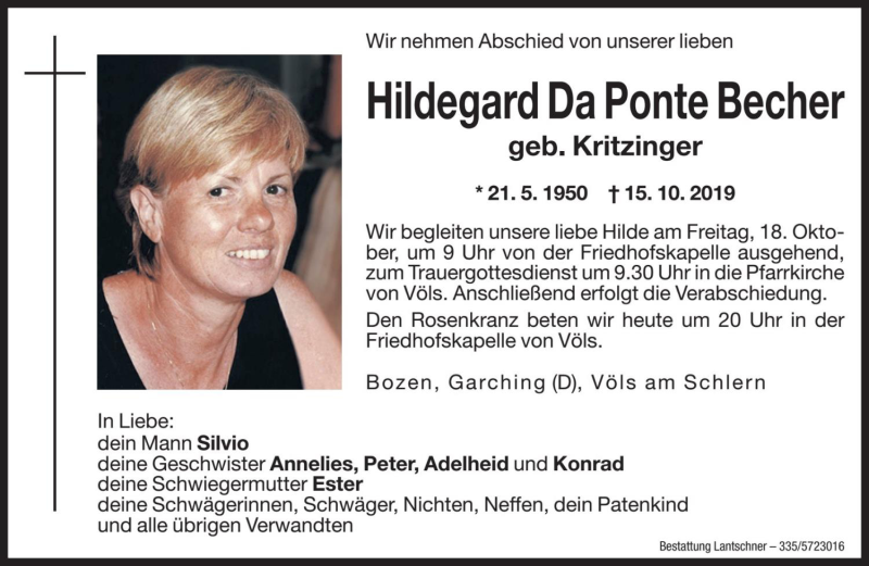  Traueranzeige für Hildegard Da Ponte Becher vom 17.10.2019 aus Dolomiten