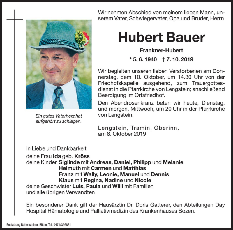  Traueranzeige für Hubert Bauer vom 08.10.2019 aus Dolomiten