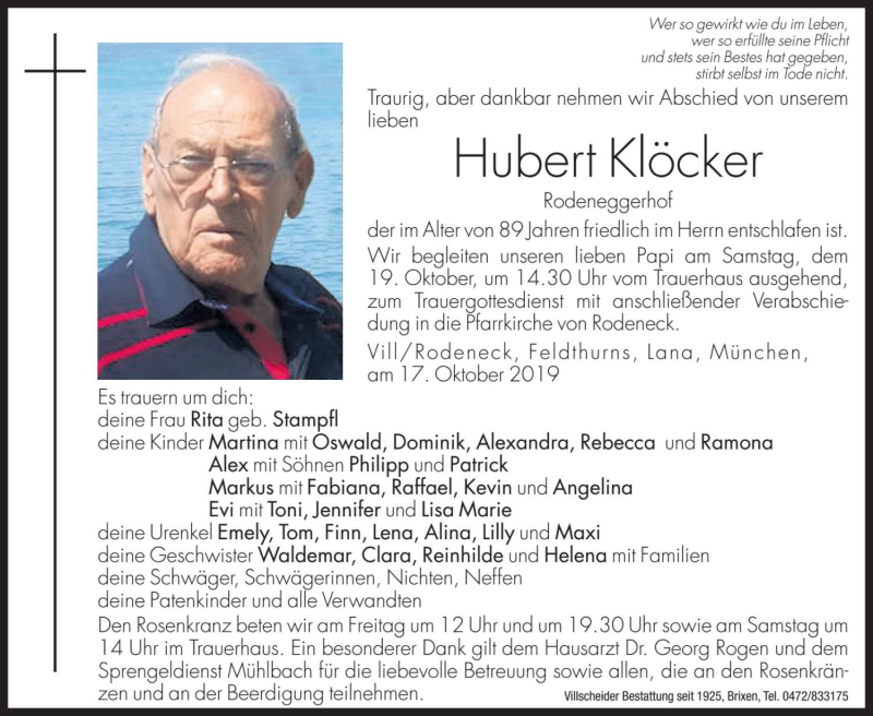  Traueranzeige für Hubert Klöcker vom 18.10.2019 aus Dolomiten