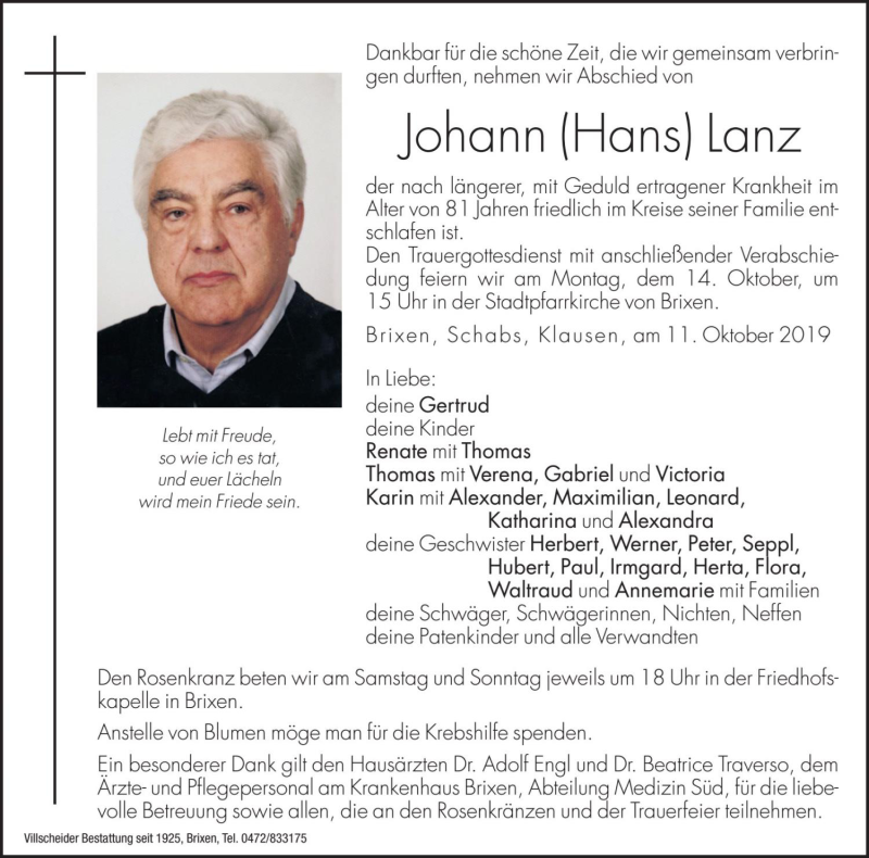  Traueranzeige für Johann (Hans) Lanz vom 12.10.2019 aus Dolomiten