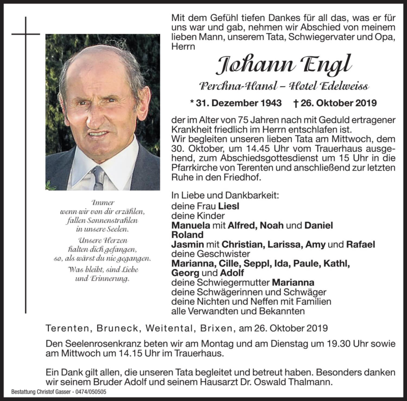 Traueranzeige für Johann Engl vom 28.10.2019 aus Dolomiten