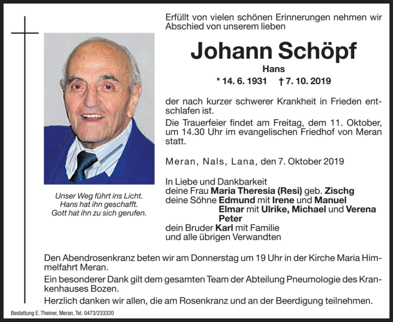  Traueranzeige für Johann Schöpf vom 09.10.2019 aus Dolomiten