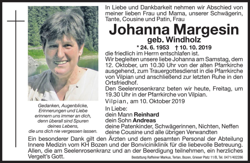  Traueranzeige für Johanna Margesin vom 11.10.2019 aus Dolomiten