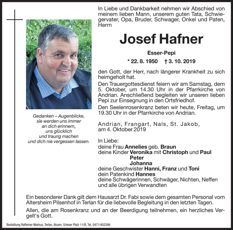  Traueranzeige für Josef Hafner vom 04.10.2019 aus Dolomiten