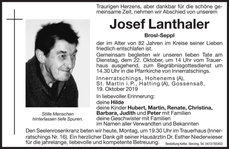  Traueranzeige für Josef Lanthaler vom 21.10.2019 aus Dolomiten