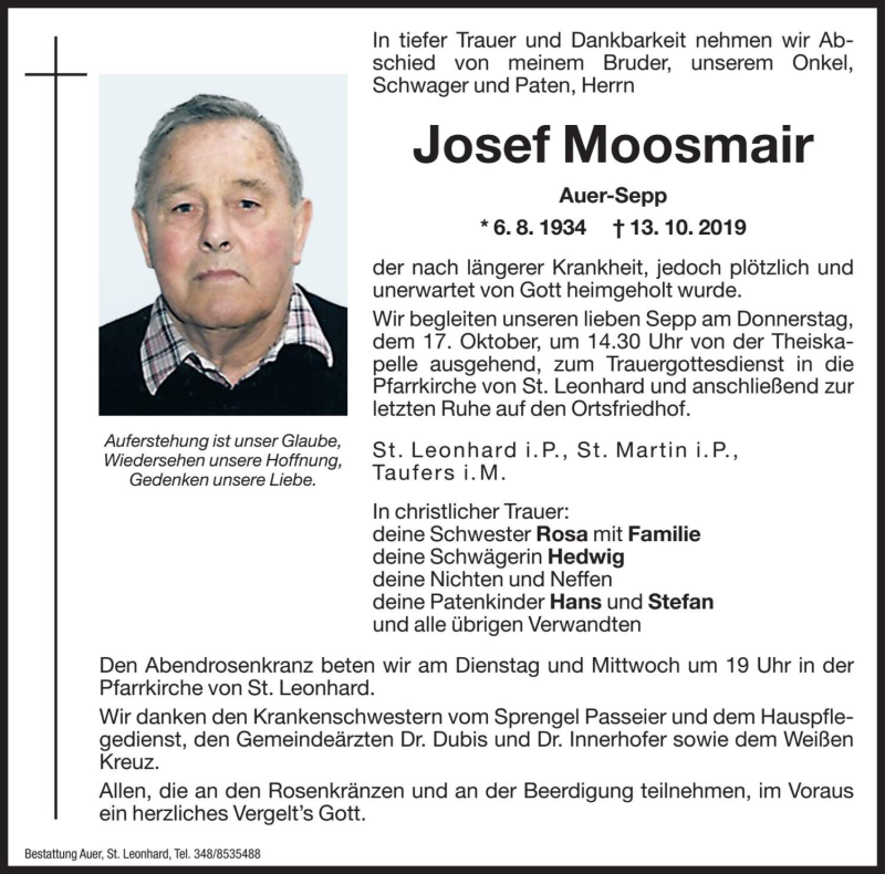  Traueranzeige für Josef Moosmair vom 15.10.2019 aus Dolomiten