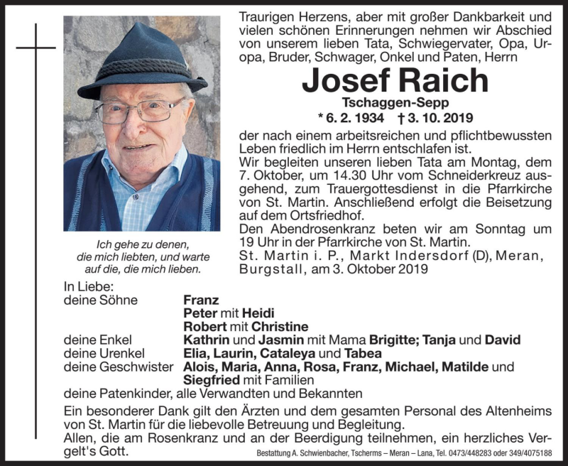  Traueranzeige für Josef Raich vom 05.10.2019 aus Dolomiten