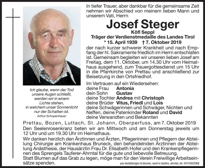  Traueranzeige für Josef Steger vom 09.10.2019 aus Dolomiten