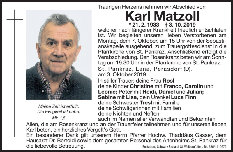  Traueranzeige für Karl Matzoll vom 05.10.2019 aus Dolomiten