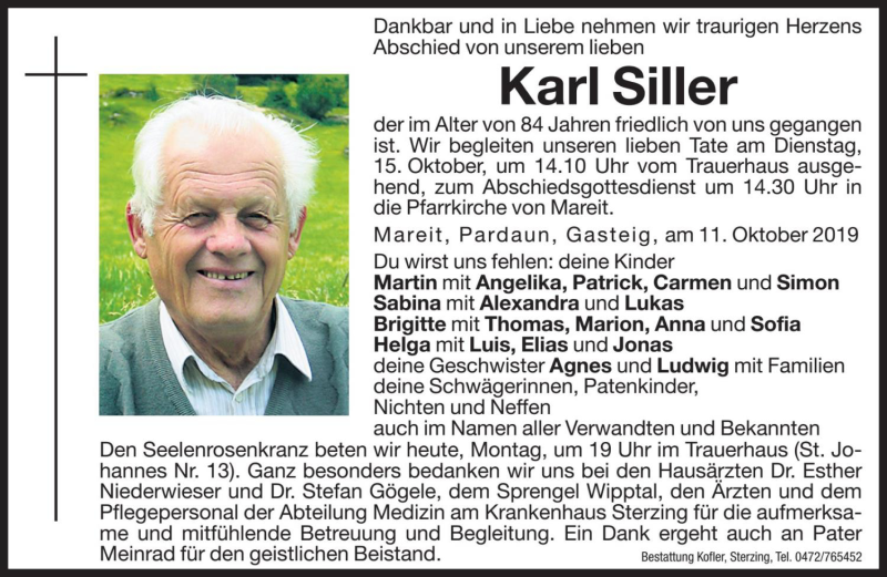  Traueranzeige für Karl Siller vom 14.10.2019 aus Dolomiten