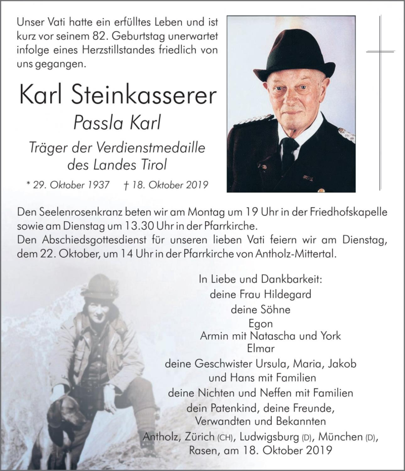  Traueranzeige für Karl Steinkasserer vom 21.10.2019 aus Dolomiten