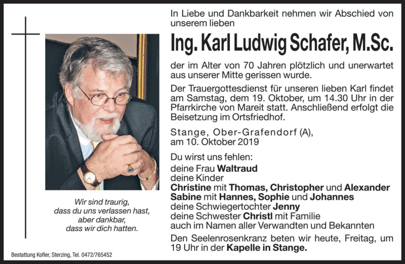  Traueranzeige für Karl Ludwig Schafer vom 18.10.2019 aus Dolomiten