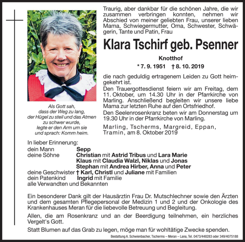  Traueranzeige für Klara Tschirf vom 10.10.2019 aus Dolomiten