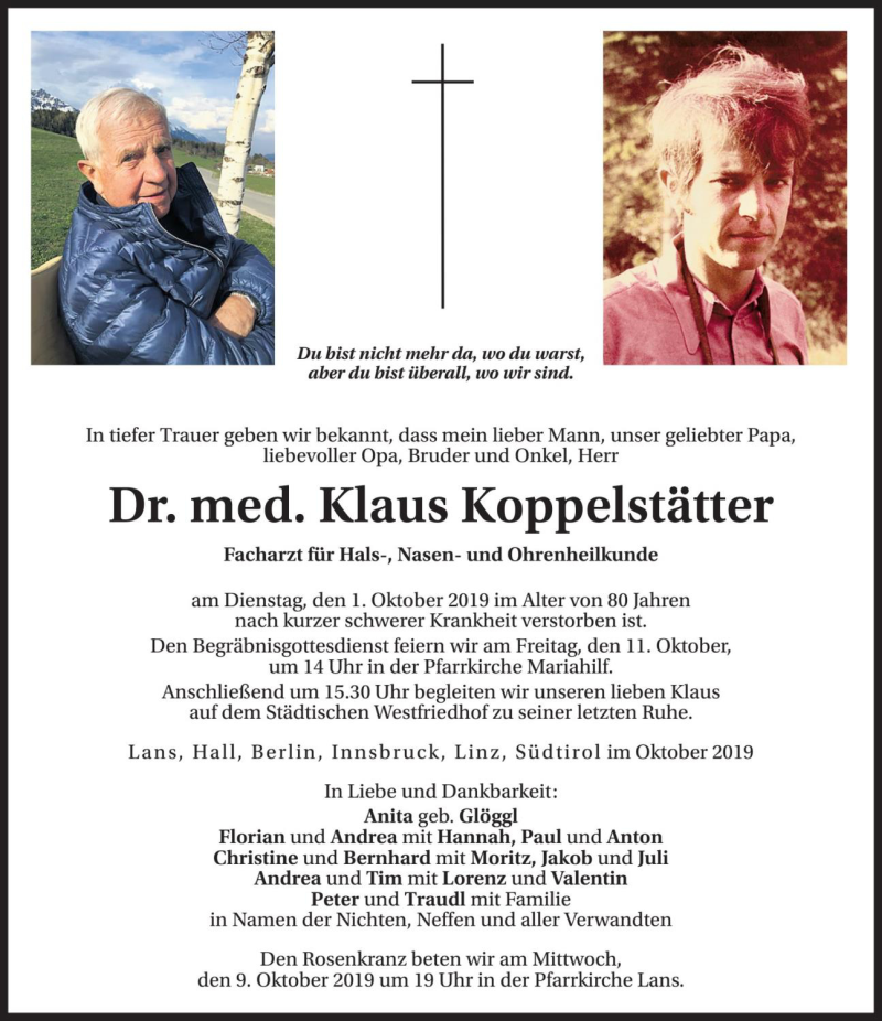  Traueranzeige für Klaus Koppelstätter vom 05.10.2019 aus Dolomiten