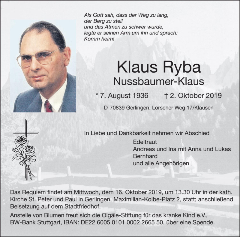  Traueranzeige für Klaus Ryba vom 11.10.2019 aus Dolomiten