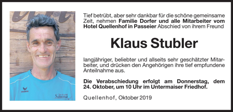  Traueranzeige für Klaus Stubler vom 22.10.2019 aus Dolomiten