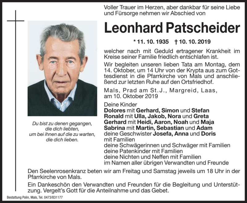  Traueranzeige für Leonhard Patscheider vom 11.10.2019 aus Dolomiten