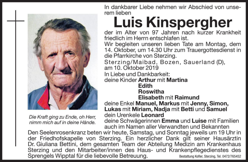  Traueranzeige für Luis Kinspergher vom 12.10.2019 aus Dolomiten
