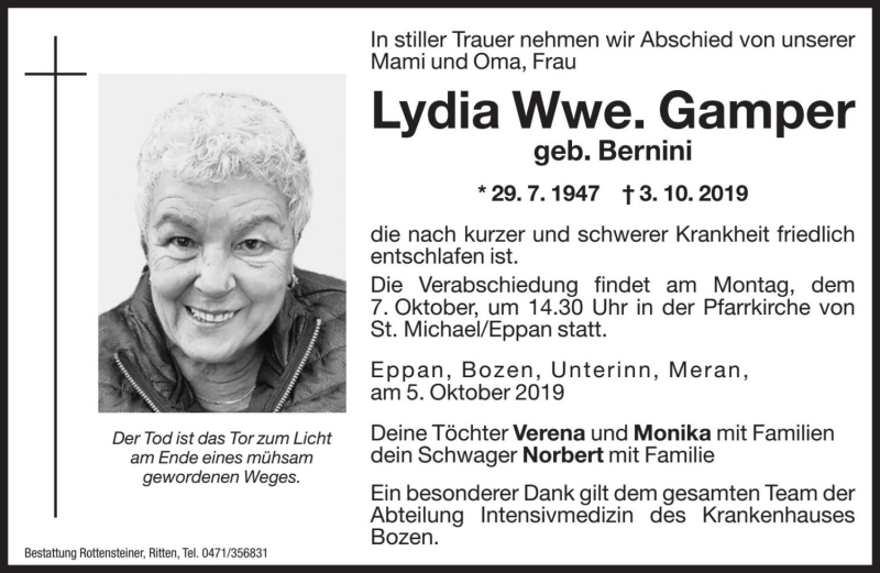  Traueranzeige für Lydia Gamper vom 05.10.2019 aus Dolomiten
