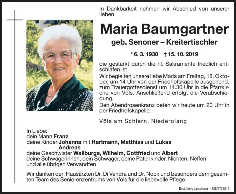  Traueranzeige für Maria Baumgartner vom 17.10.2019 aus Dolomiten