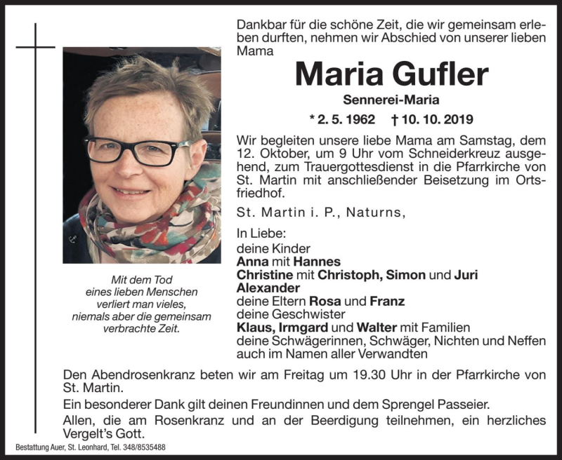  Traueranzeige für Maria Gufler vom 11.10.2019 aus Dolomiten