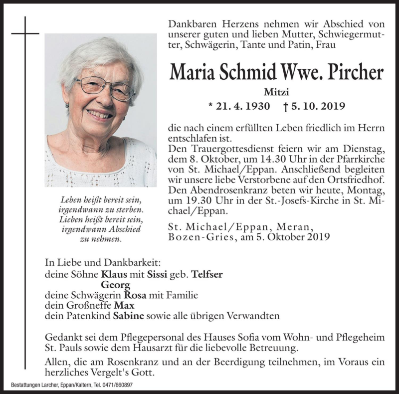  Traueranzeige für Maria Pircher vom 07.10.2019 aus Dolomiten