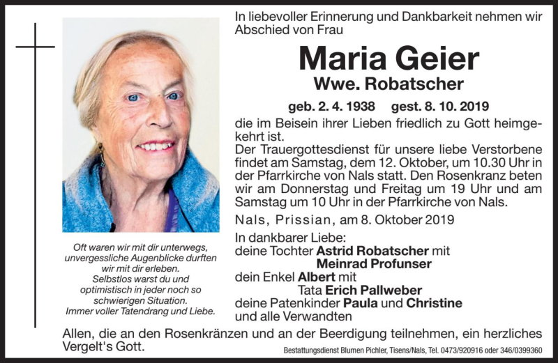  Traueranzeige für Maria Robatscher vom 10.10.2019 aus Dolomiten
