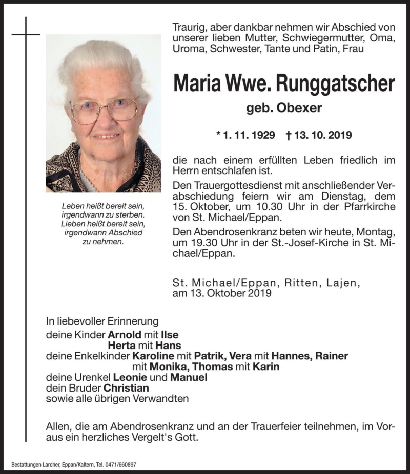  Traueranzeige für Maria Runggatscher vom 14.10.2019 aus Dolomiten