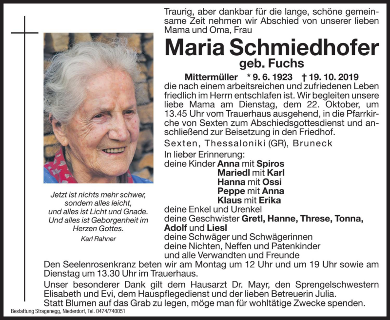  Traueranzeige für Maria Schmiedhofer vom 21.10.2019 aus Dolomiten