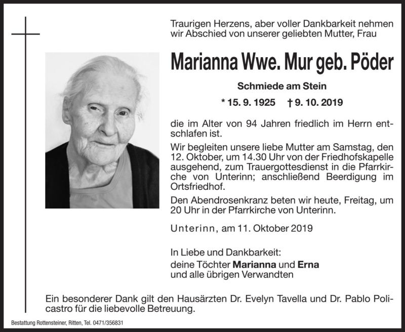  Traueranzeige für Marianna Mur vom 11.10.2019 aus Dolomiten