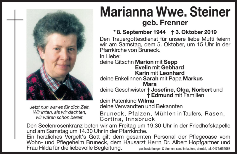  Traueranzeige für Marianna Steiner vom 04.10.2019 aus Dolomiten