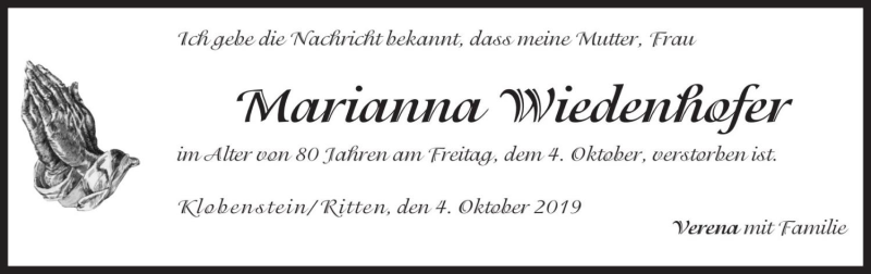  Traueranzeige für Marianna Wiedenhofer vom 08.10.2019 aus Dolomiten