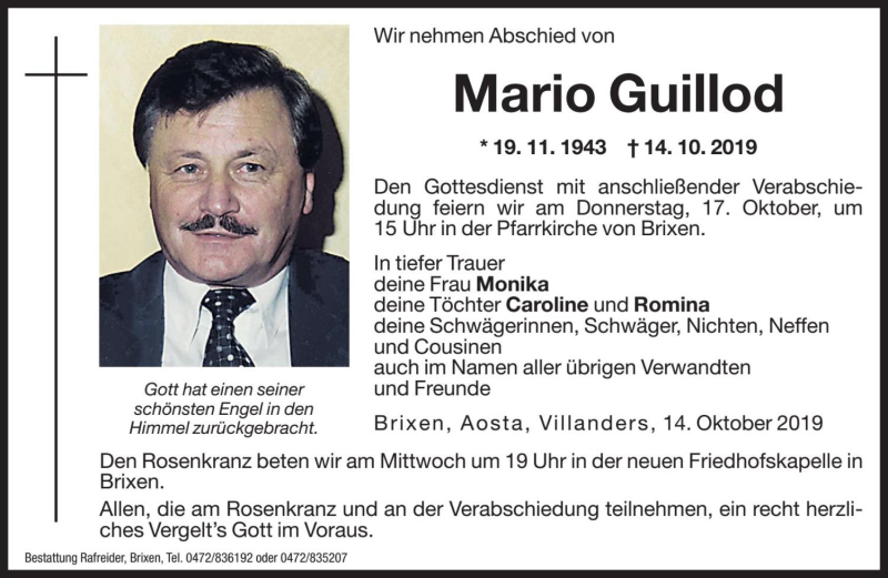  Traueranzeige für Mario Guillod  vom 16.10.2019 aus Dolomiten