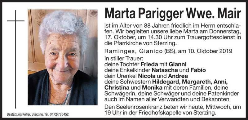  Traueranzeige für Marta Mair vom 16.10.2019 aus Dolomiten