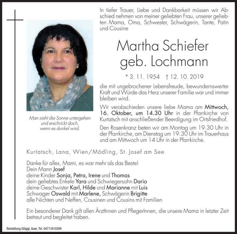  Traueranzeige für Martha Schiefer vom 14.10.2019 aus Dolomiten
