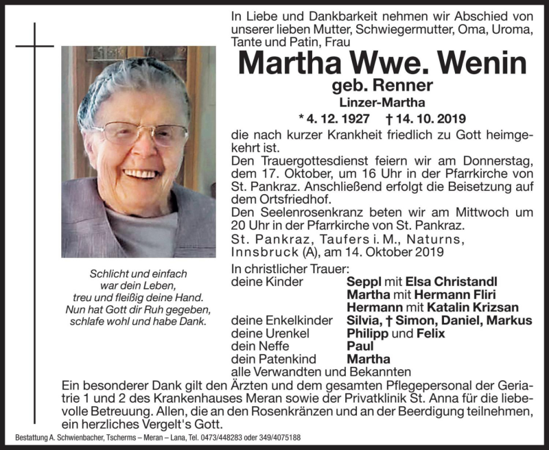 Traueranzeige für Martha Wenin vom 16.10.2019 aus Dolomiten