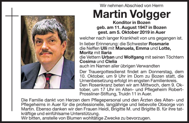  Traueranzeige für Martin Volgger vom 09.10.2019 aus Dolomiten