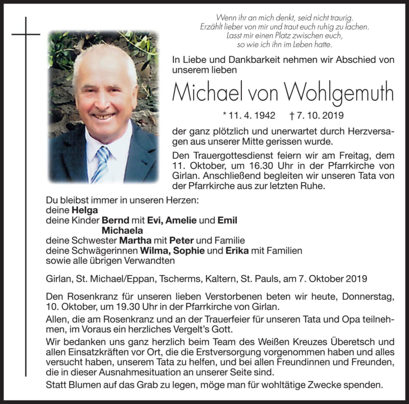  Traueranzeige für Michael Von  Wohlgemuth vom 10.10.2019 aus Dolomiten