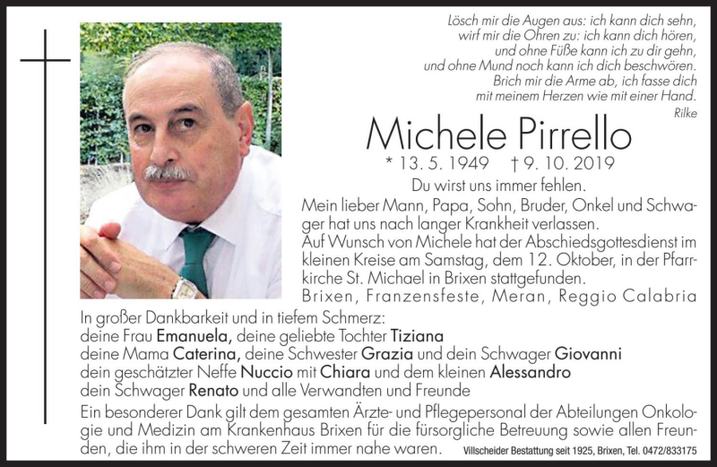  Traueranzeige für Michele Pirrello vom 14.10.2019 aus Dolomiten