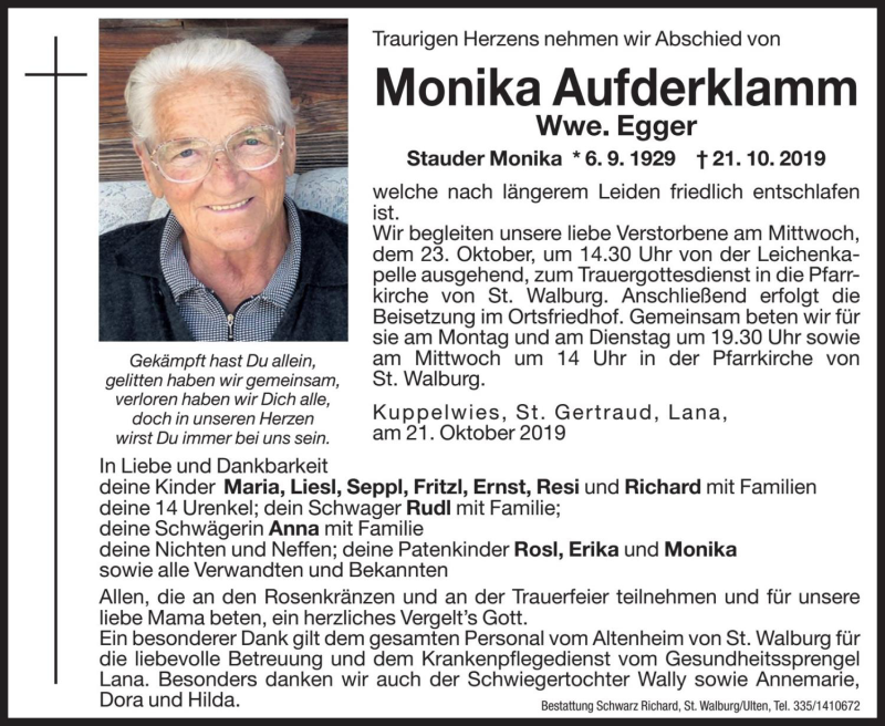  Traueranzeige für Monika Egger vom 22.10.2019 aus Dolomiten