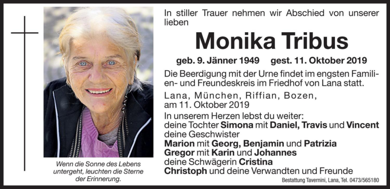  Traueranzeige für Monika Tribus vom 14.10.2019 aus Dolomiten