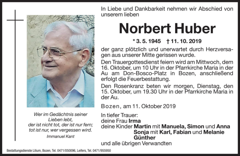  Traueranzeige für Norbert Huber vom 14.10.2019 aus Dolomiten