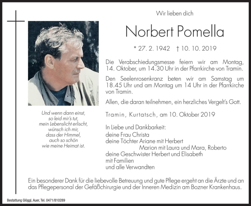  Traueranzeige für Norbert Pomella vom 11.10.2019 aus Dolomiten