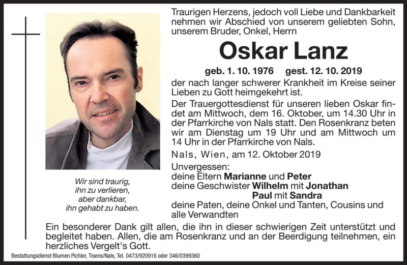  Traueranzeige für Oskar Lanz vom 14.10.2019 aus Dolomiten
