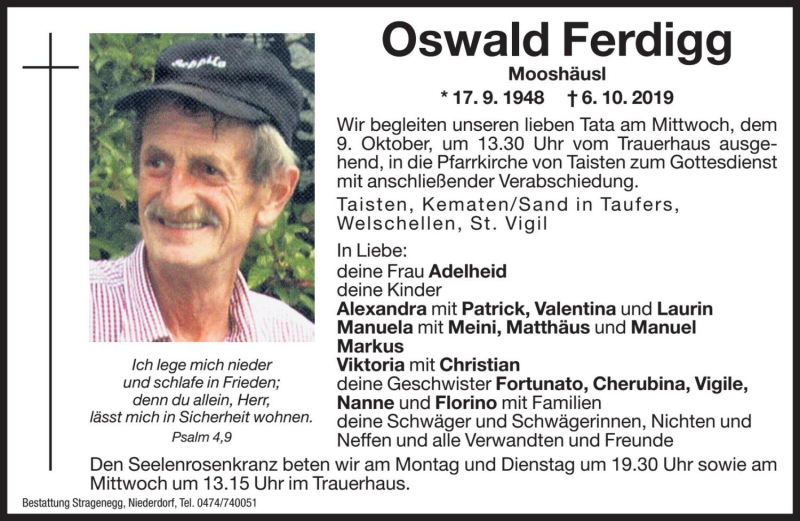  Traueranzeige für Oswald Ferdigg vom 07.10.2019 aus Dolomiten
