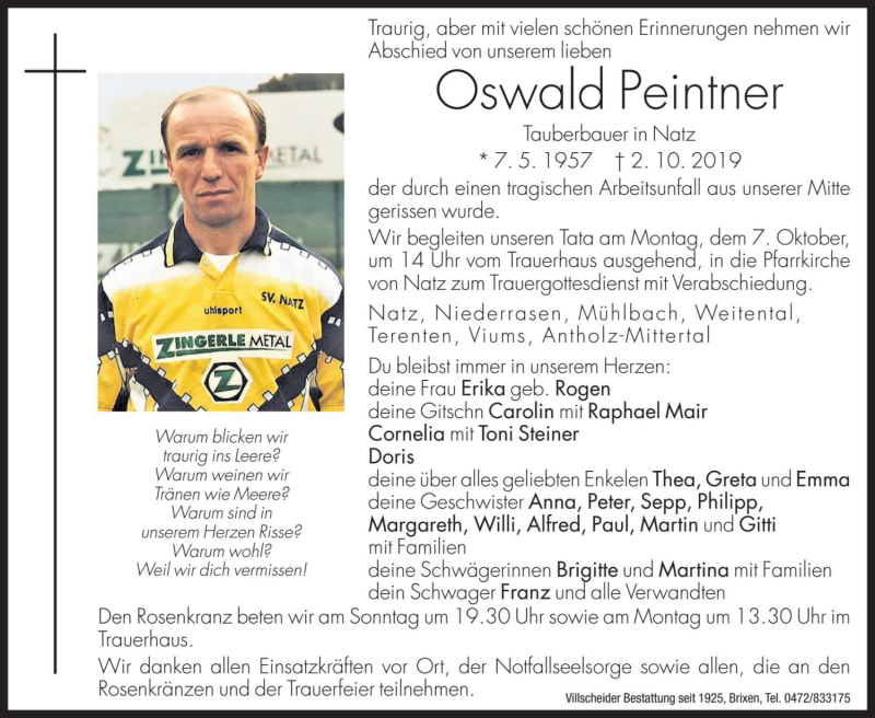  Traueranzeige für Oswald Peintner vom 05.10.2019 aus Dolomiten