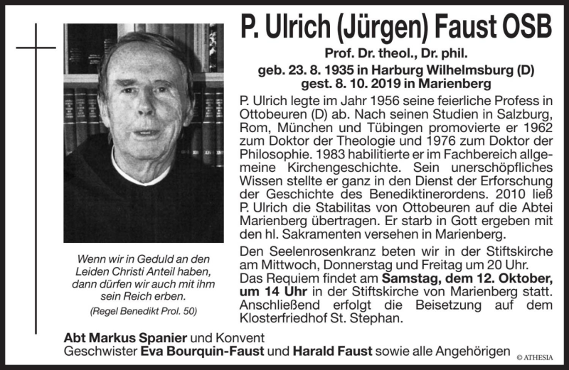  Traueranzeige für Jürgen Faust vom 09.10.2019 aus Dolomiten